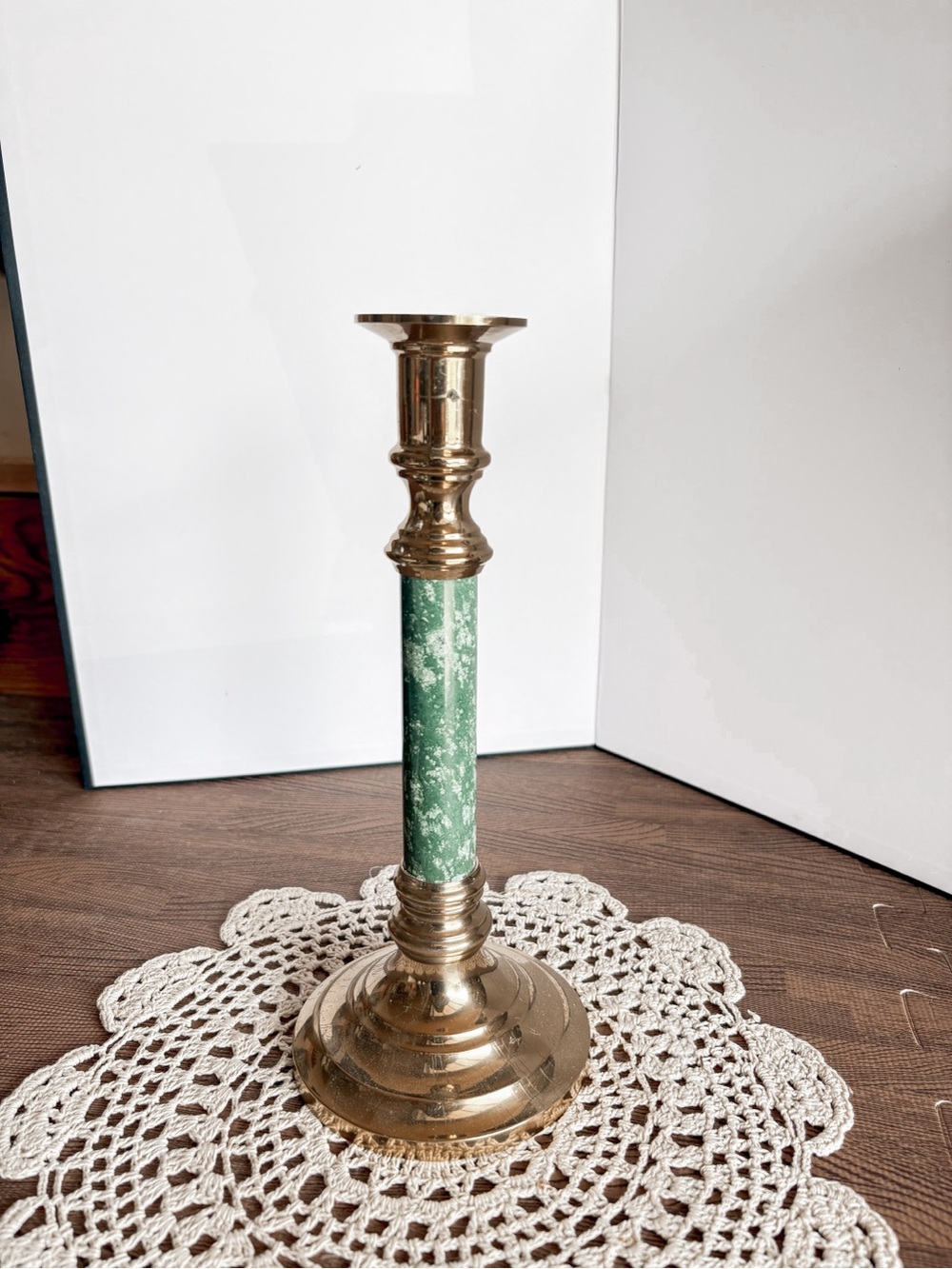 Vintage Brass and Green Faux Marbleized Candlestick Holder